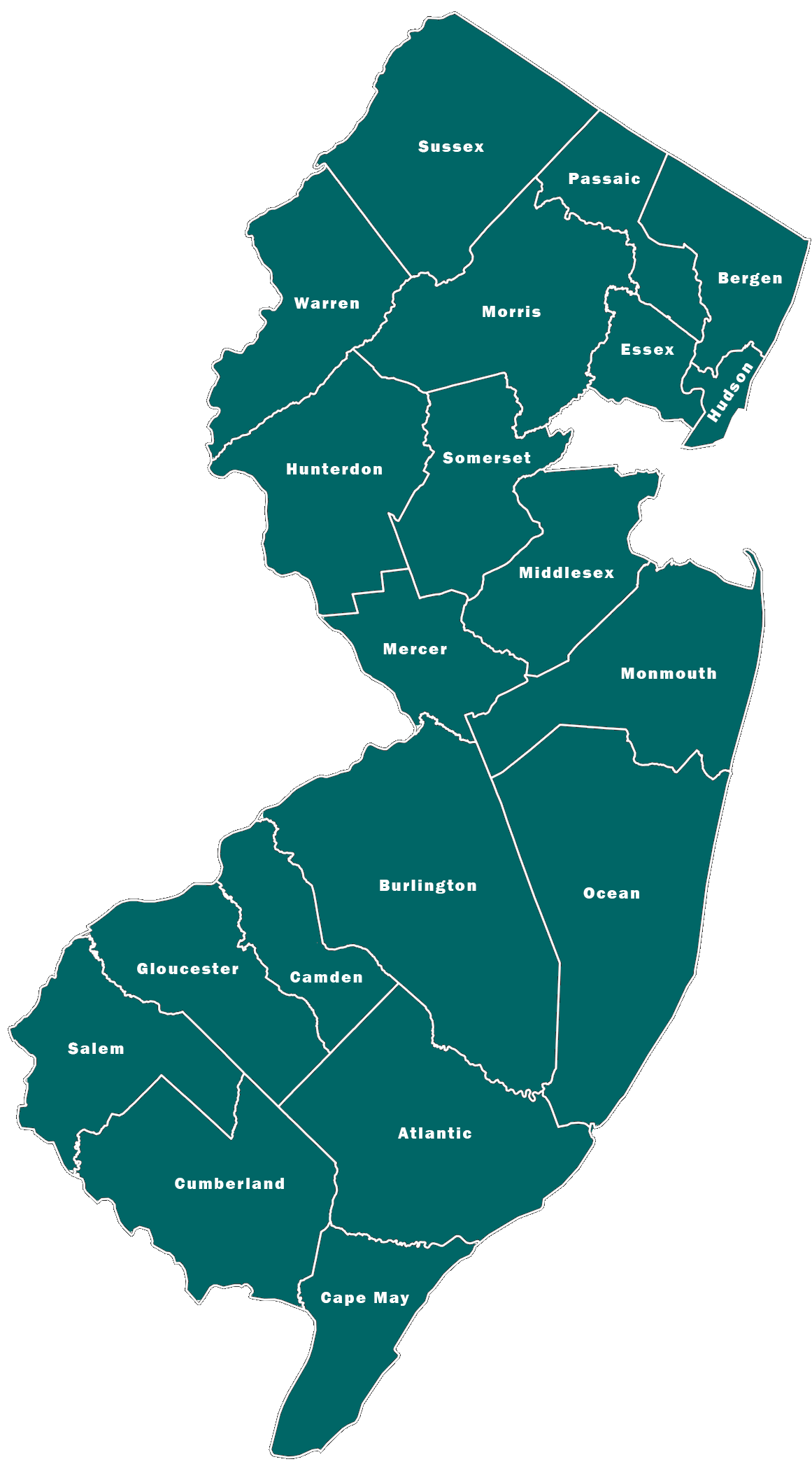 NJMap Map of NJ with Counties (Union is removed)